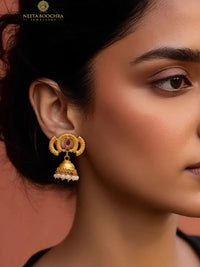 Rajwada Mini Gold Plated 925 Silver Jhumkis with Dyed Ruby and Pearl view 1