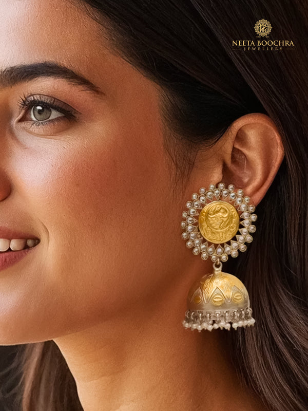 Rajwada 925 Silver Two Tone Statement Peacock Motif Jhumkis with Crystal and Pearl