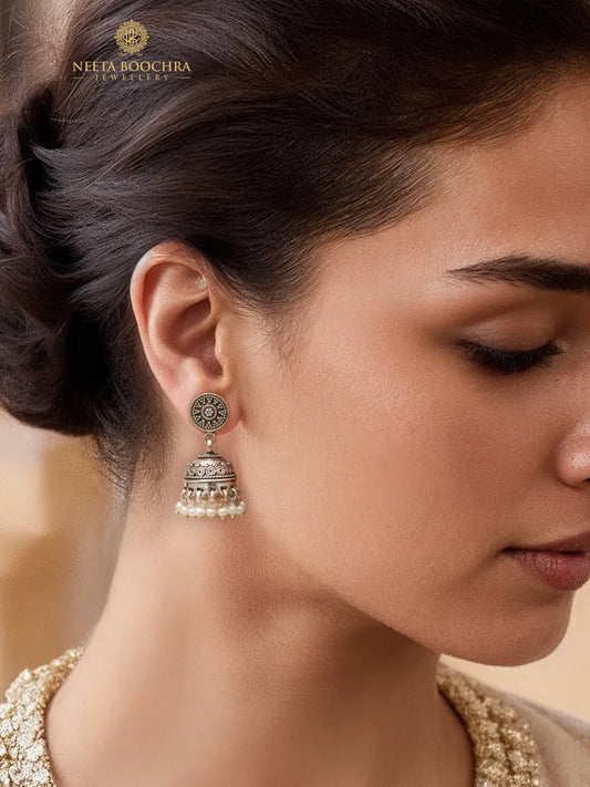 Rajwada Oxidized 925 Silver Rawa Jhumki