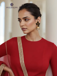 Rajwada Statement 925 Silver Two Tone Jhumki with Pearl and Black Onyx Gemstone view 4