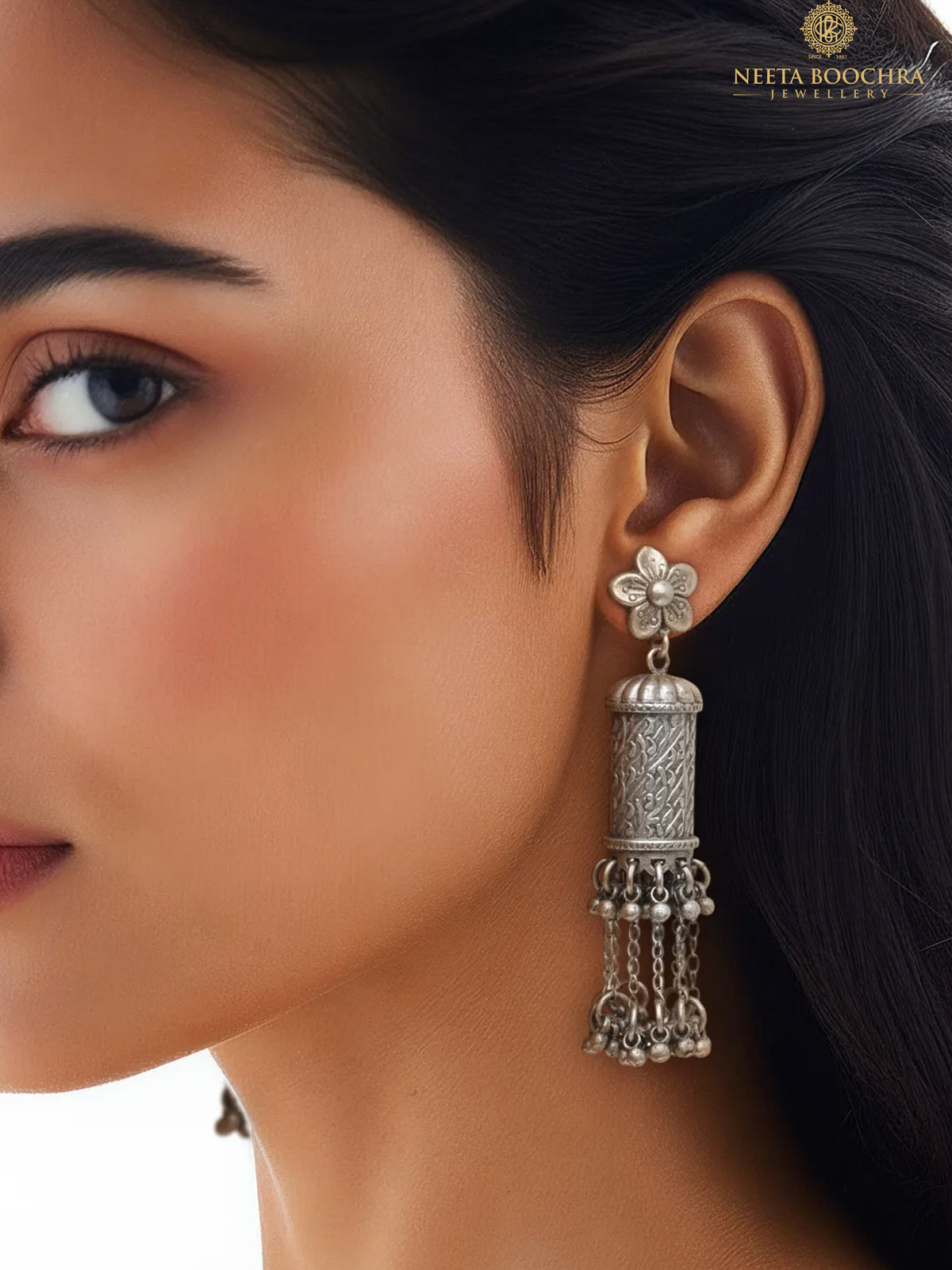 Rajwada Floral 925 SIlver Jhumki with Long Ghungroos view 1
