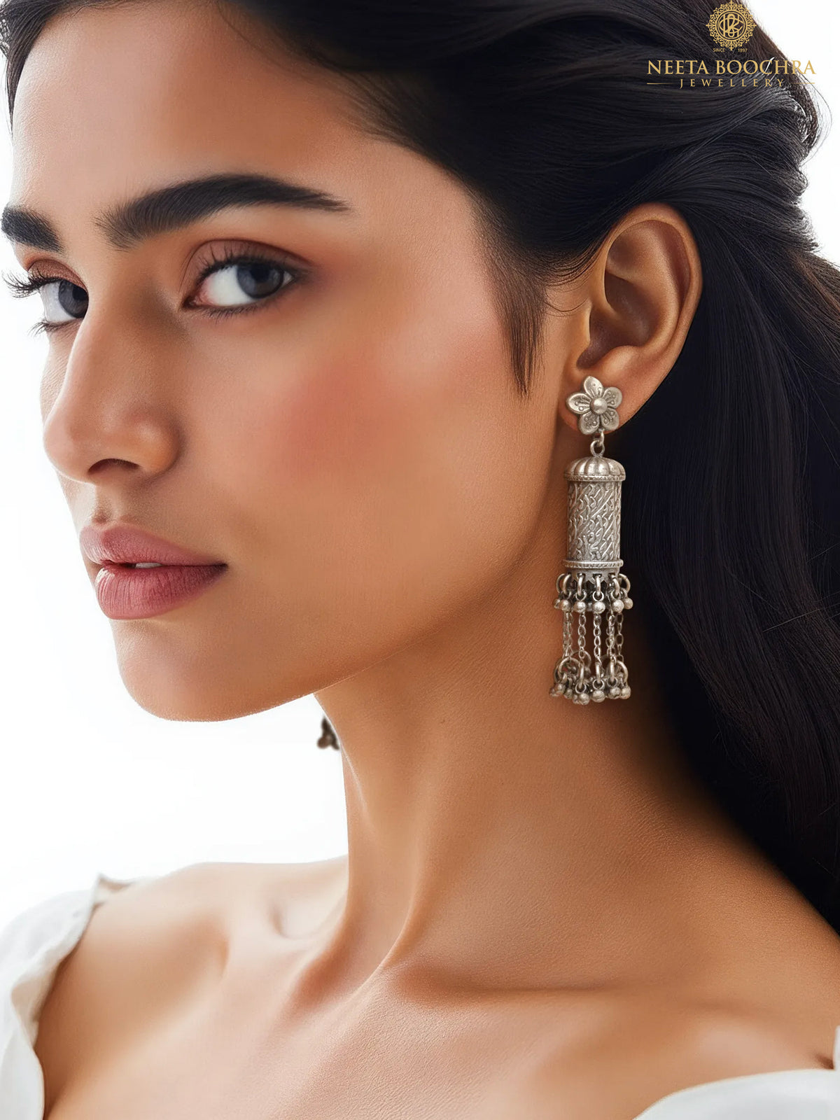 Rajwada Floral 925 SIlver Jhumki with Long Ghungroos view 4