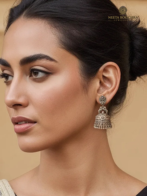 Rajwada Oxidized 925 Silver Peacock Motif Jhumki with Ghungroos