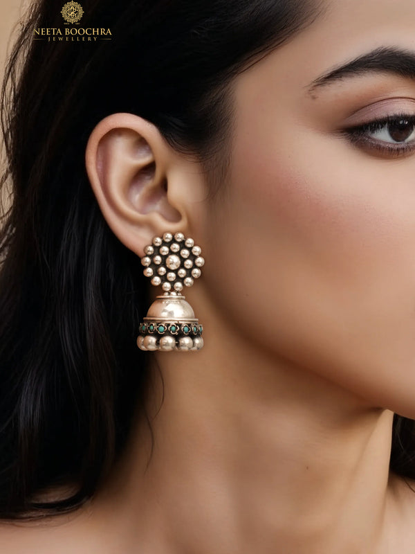 Rajwada 925 Silver Jhumki with Turquoise Gemstone