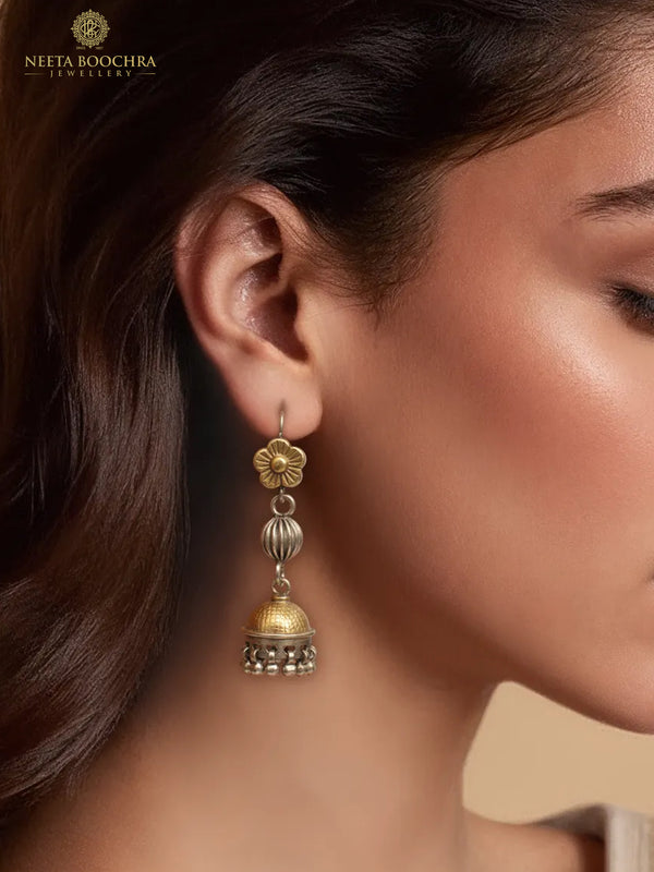 Rajwada 925 Silver Two Tone Floral Jhumki with Ghungroos
