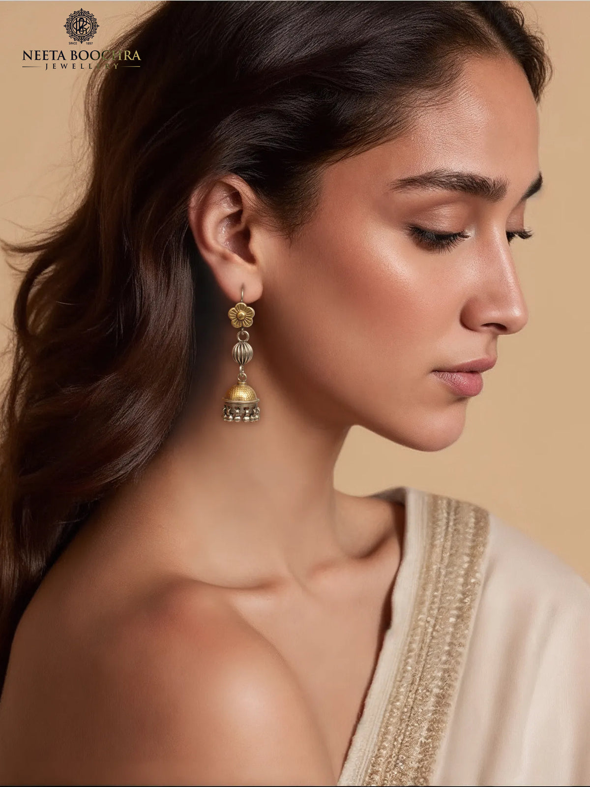 Rajwada 925 Silver Two Tone Floral Jhumki with Ghungroos view 4