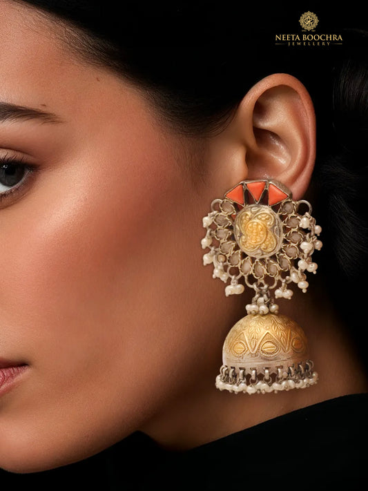 Rajwada 925 Silver Statement Two Tone Jhumkis with Orange Corals  and Pearl