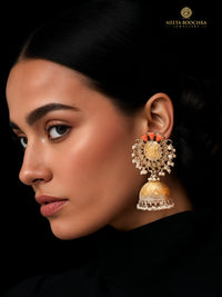 Rajwada 925 Silver Statement Two Tone Jhumkis with Orange Corals  and Pearl view 4