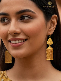 Rajwada Festive Gold Plated 925 Silver Peacock Motif Earrings with Long Ghungroos view 1