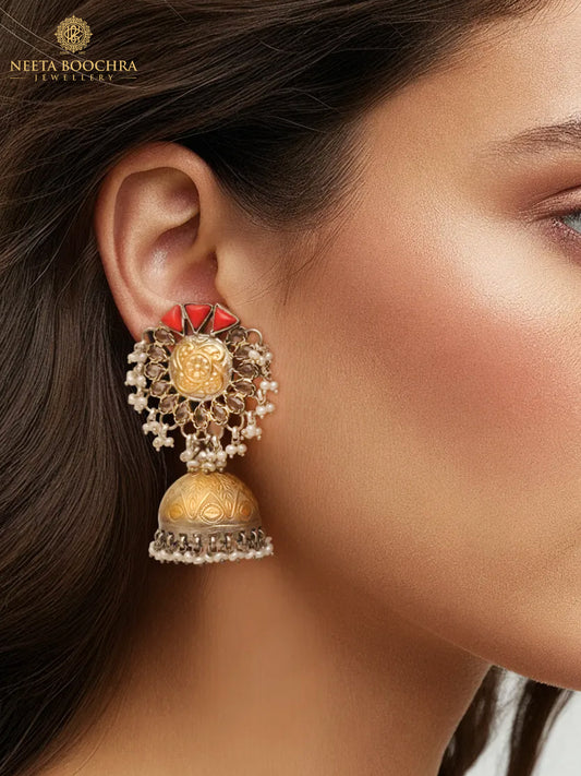 Rajwada 925 Silver Statement Two Tone Jhumkis with Red Coral and Pearl