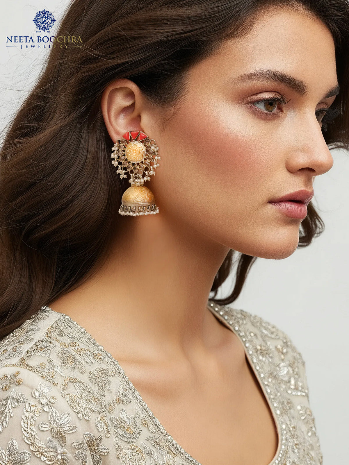 Rajwada 925 Silver Statement Two Tone Jhumkis with Red Coral and Pearl view 4