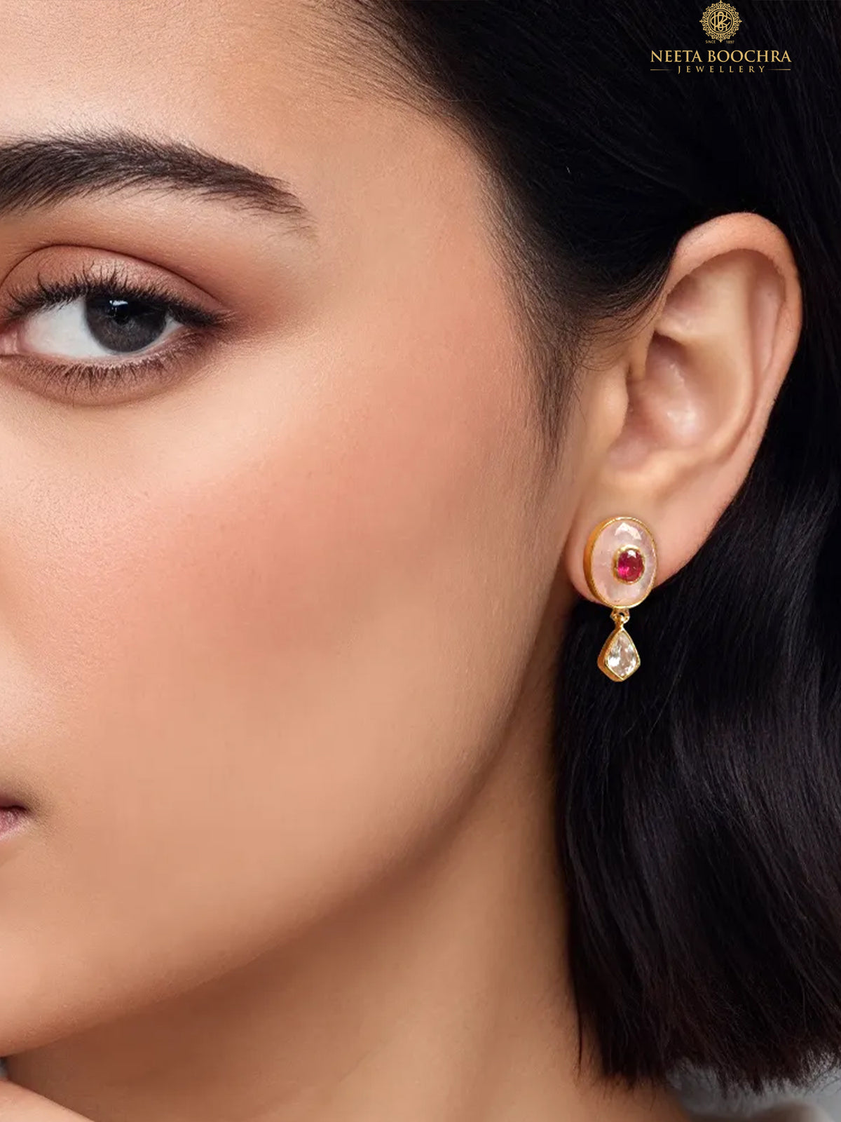 Gulnoor Rose Quartz Kundan Earrings view 1
