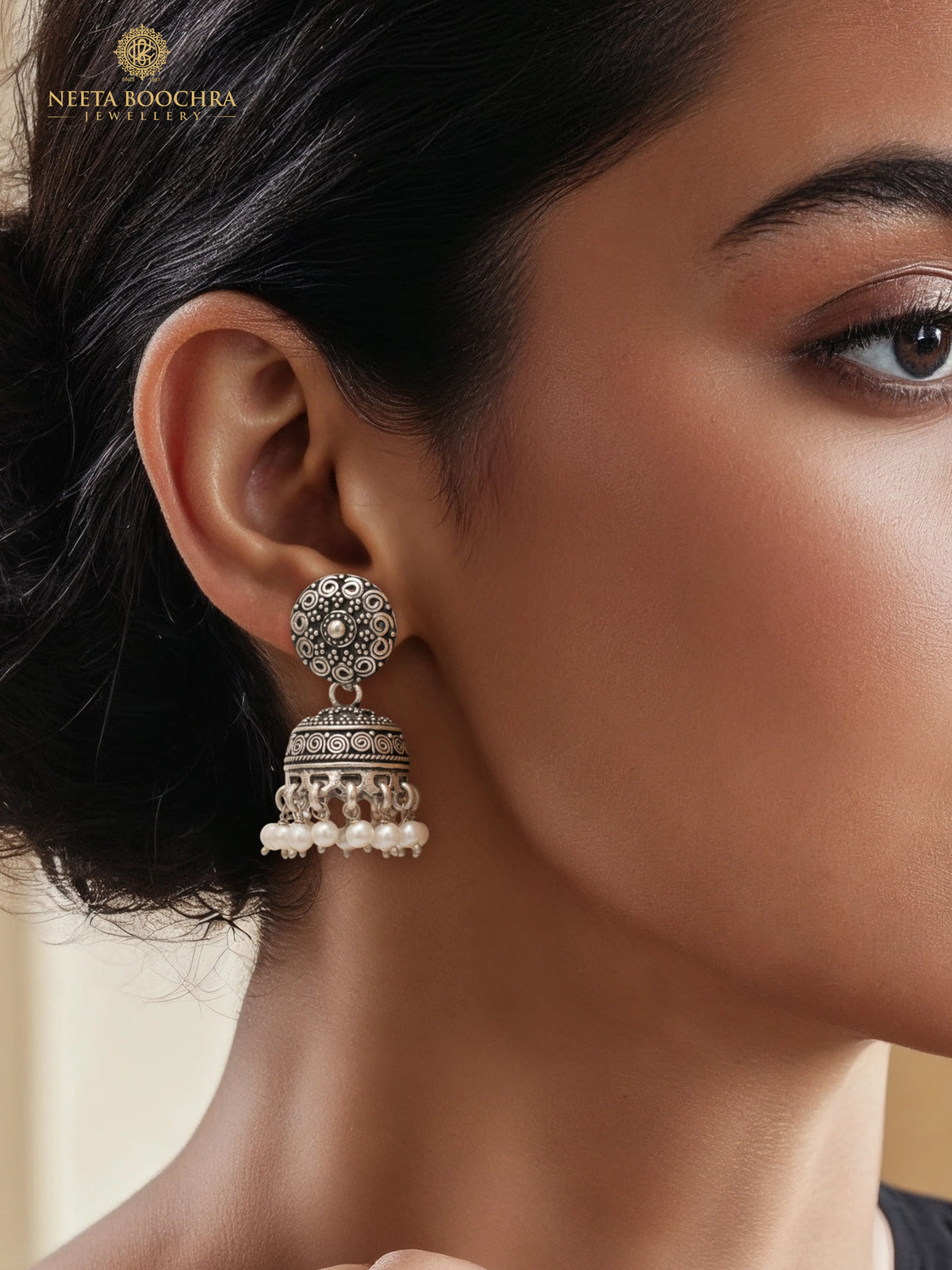 Rajwada Oxidized 925 Silver Rawa Jhumki with Pearl view 1