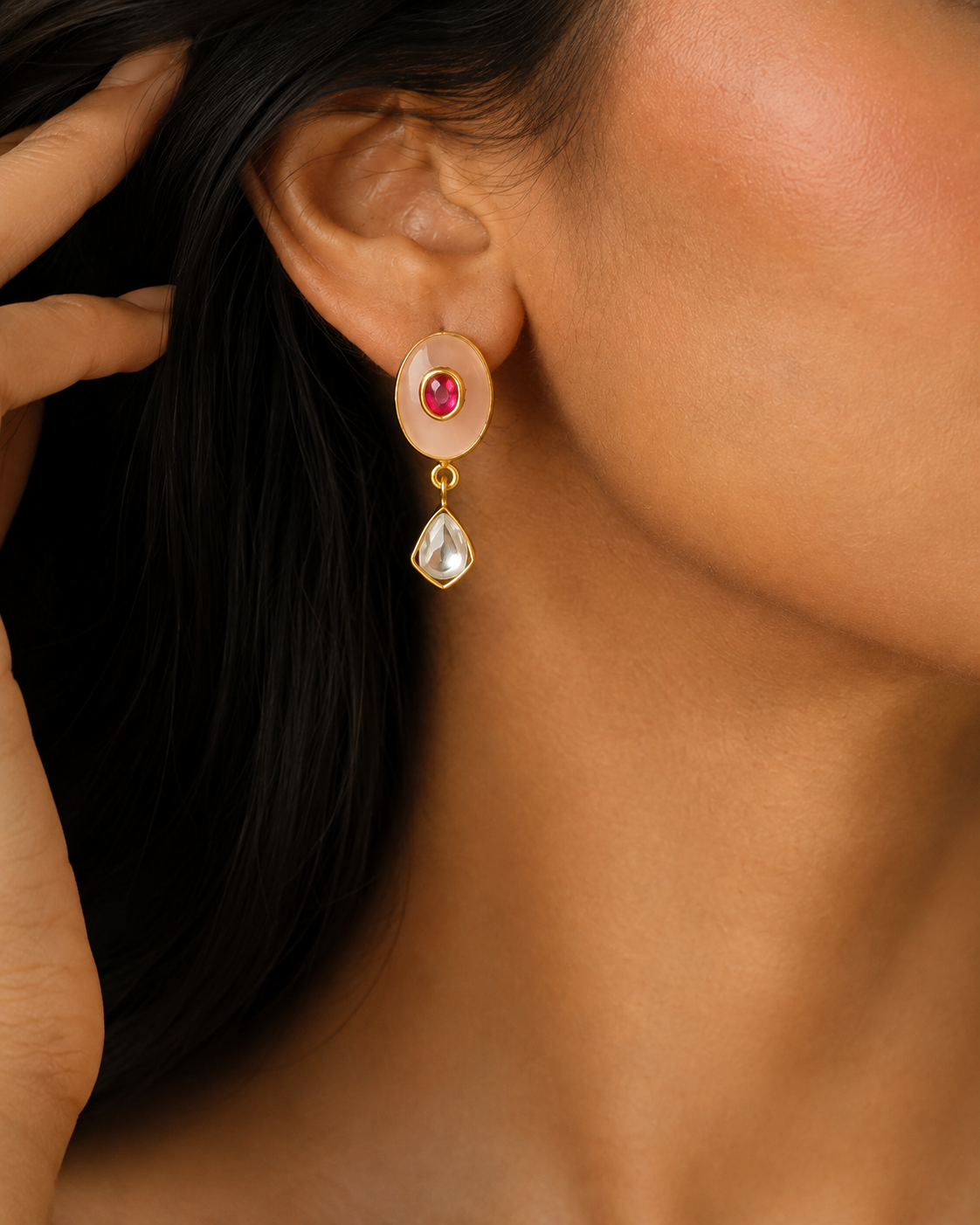 Gulnoor Rose Quartz Kundan Earrings view 1