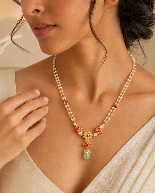 925 Silver Gold Plated Padmavati Lotus Kundan Necklace
