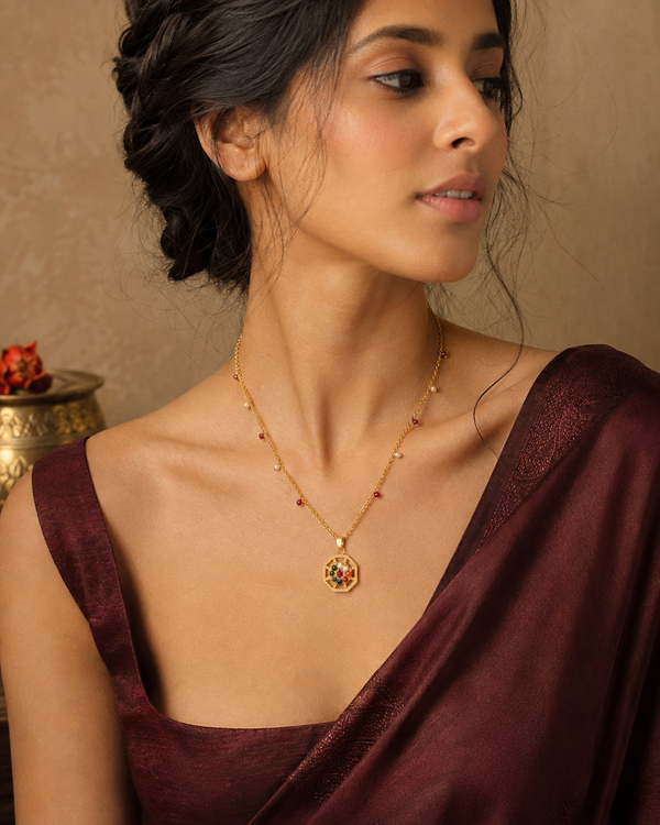 925 Silver Gold Plated Navratan Motif Pendant Necklace alternate