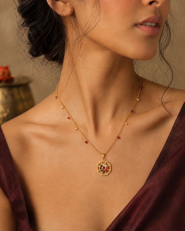 925 Silver Gold Plated Navratan Motif Pendant Necklace