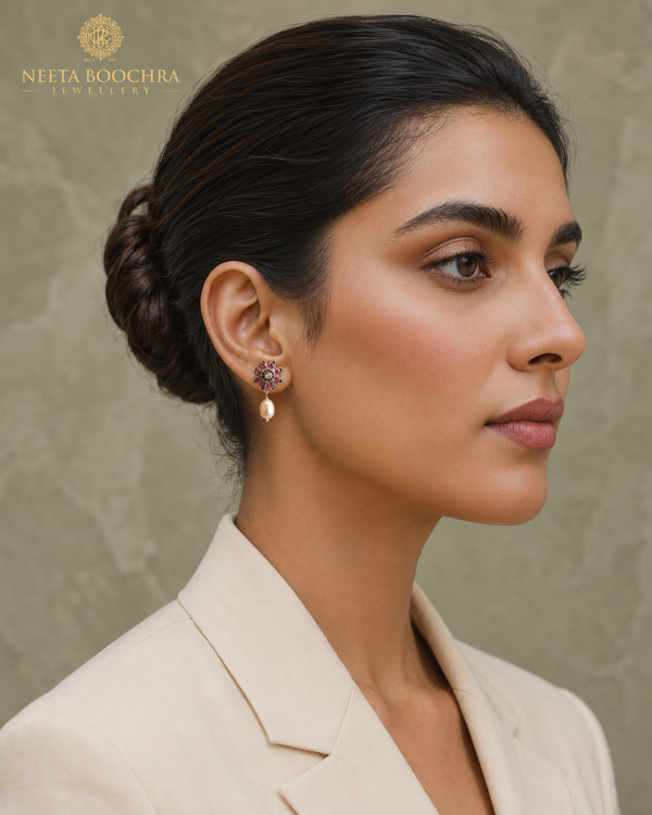 Nitya 925 Silver Star Earrings with Pearl Drop alternate