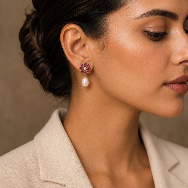 Nitya 925 Silver Star Earrings with Pearl Drop