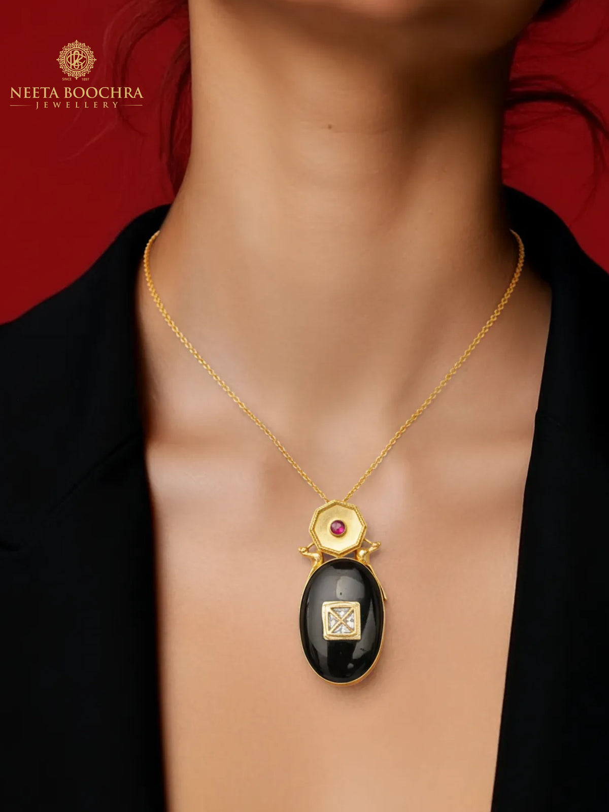 Meher Pink Kundan 925 Silver Gold Plated Necklace with Black Onyx view 4