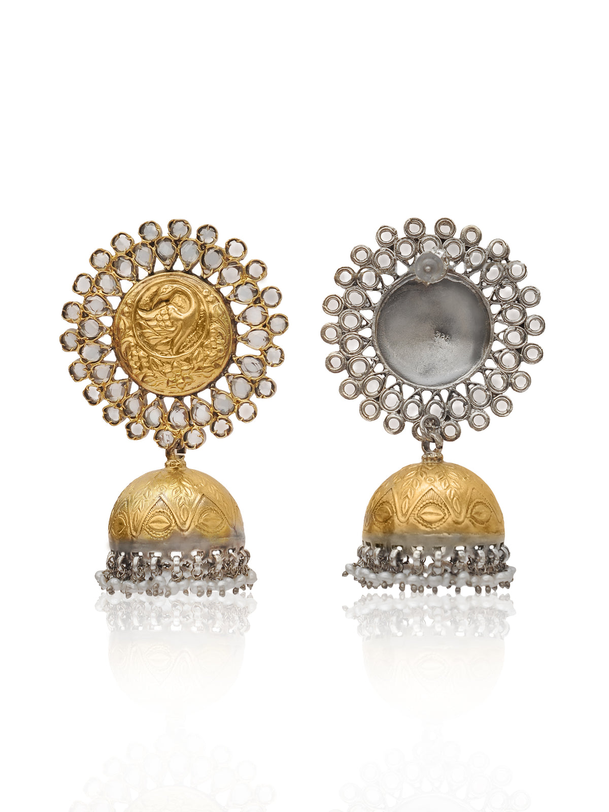 Rajwada 925 Silver Two Tone Statement Peacock Motif Jhumkis with Crystal and Pearl view 3