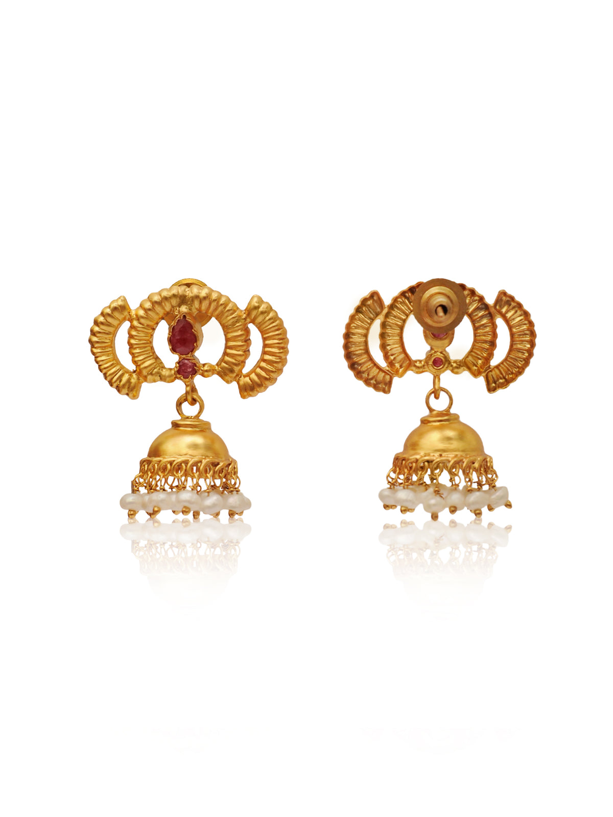 Rajwada Mini Gold Plated 925 Silver Jhumkis with Dyed Ruby and Pearl view 3