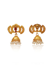 Rajwada Mini Gold Plated 925 Silver Jhumkis with Dyed Ruby and Pearl view 3