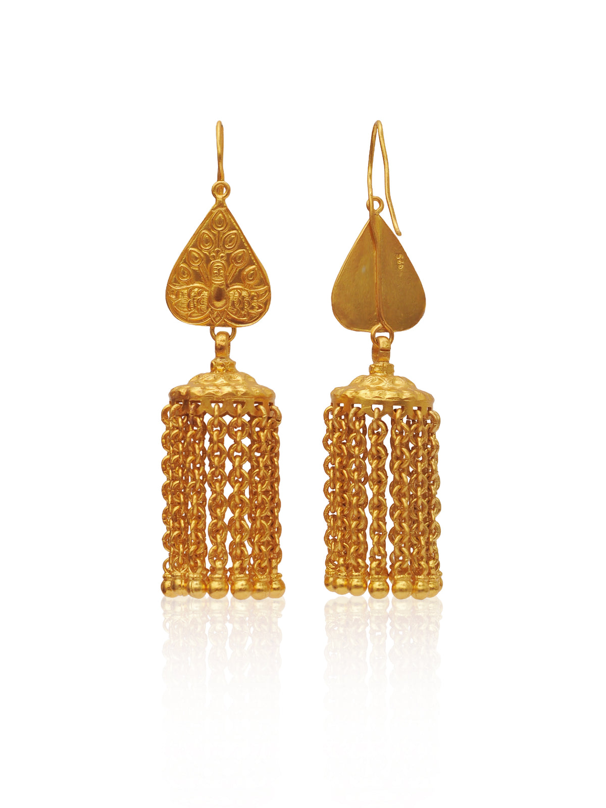 Rajwada Festive Gold Plated 925 Silver Peacock Motif Earrings with Long Ghungroos view 3