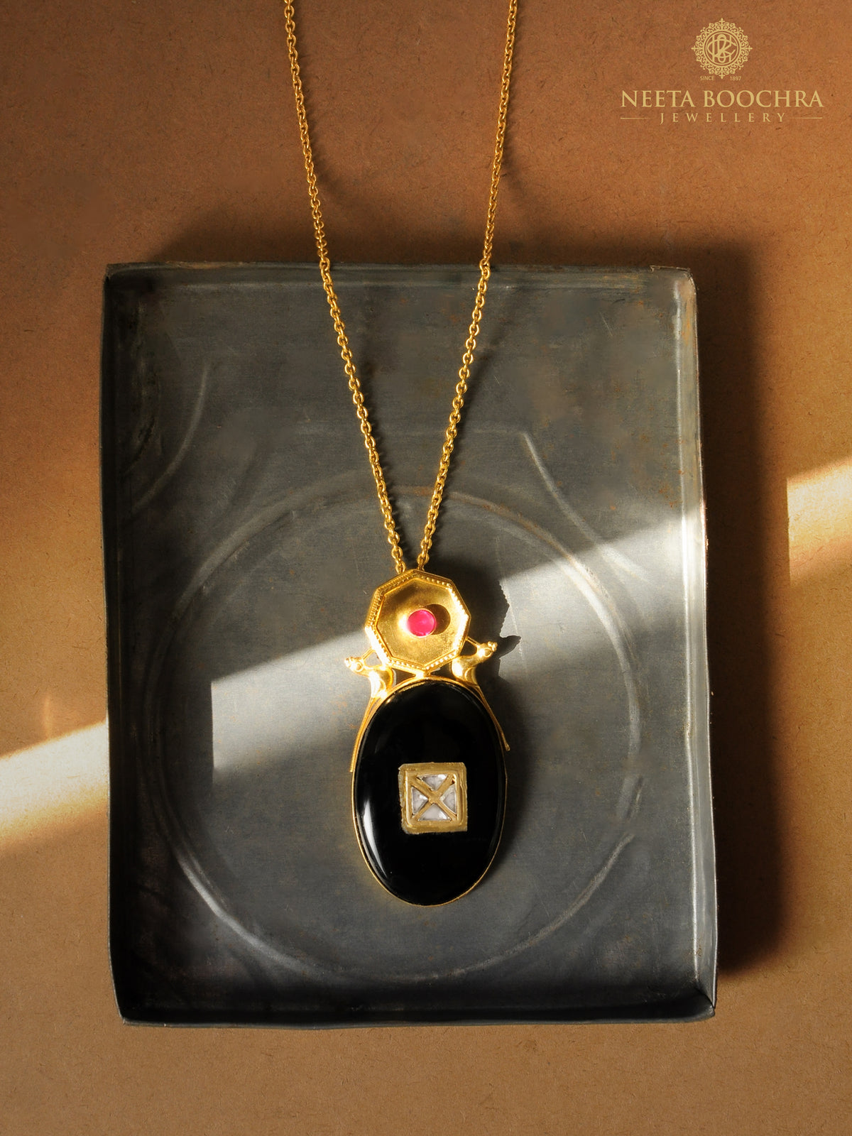 Meher Pink Kundan 925 Silver Gold Plated Necklace with Black Onyx view 2