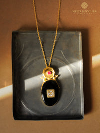 Meher Pink Kundan 925 Silver Gold Plated Necklace with Black Onyx view 2