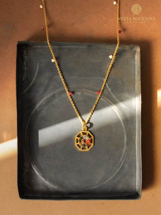 925 Silver Gold Plated Navratan Motif Pendant Necklace