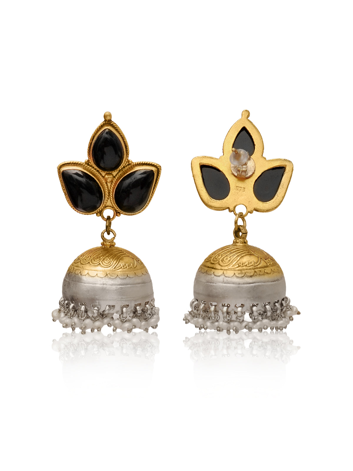 Rajwada Statement 925 Silver Two Tone Jhumki with Pearl and Black Onyx Gemstone view 3