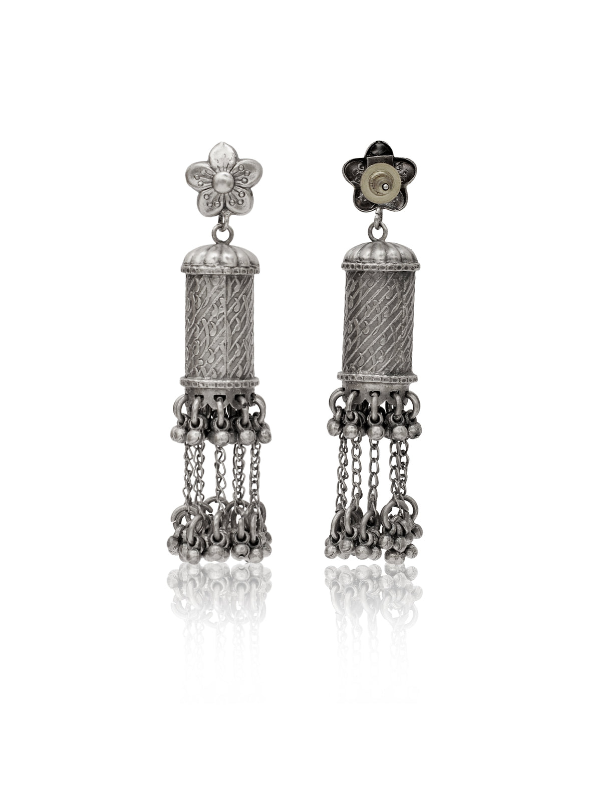 Rajwada Floral 925 SIlver Jhumki with Long Ghungroos view 3