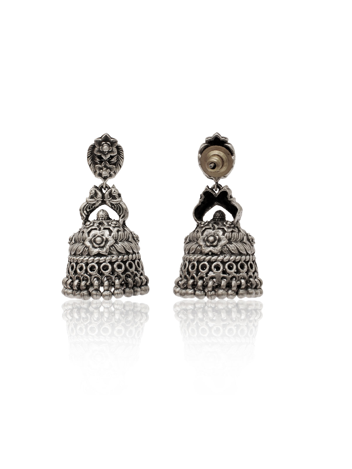 Rajwada Oxidized 925 Silver Peacock Motif Jhumki with Ghungroos view 3