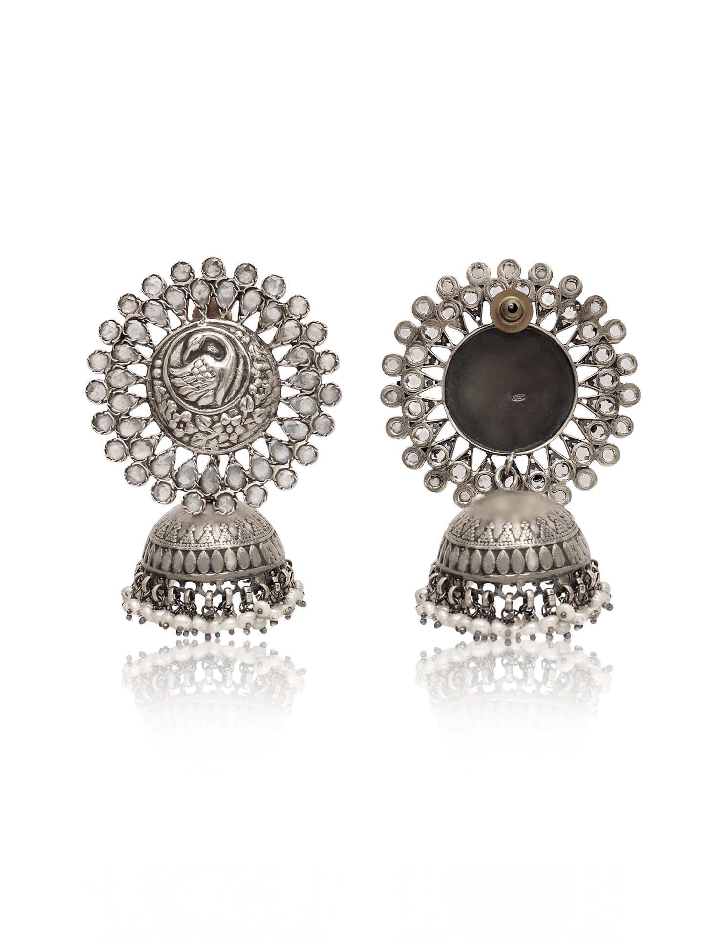 Rajwada 925 Silver Statement Peacock Motif Jhumkis with Crystal and Pearl