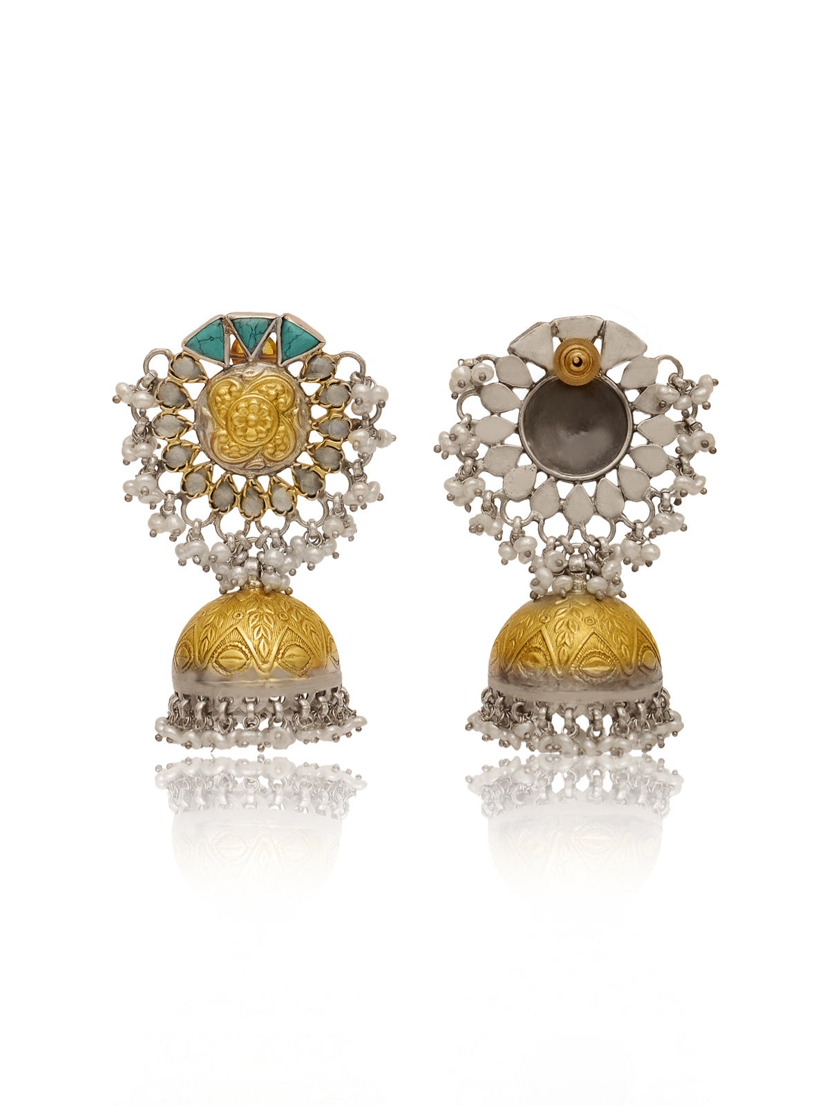 Rajwada 925 Silver Statement Two Tone Jhumkis with Turquoise and Pearl view 3