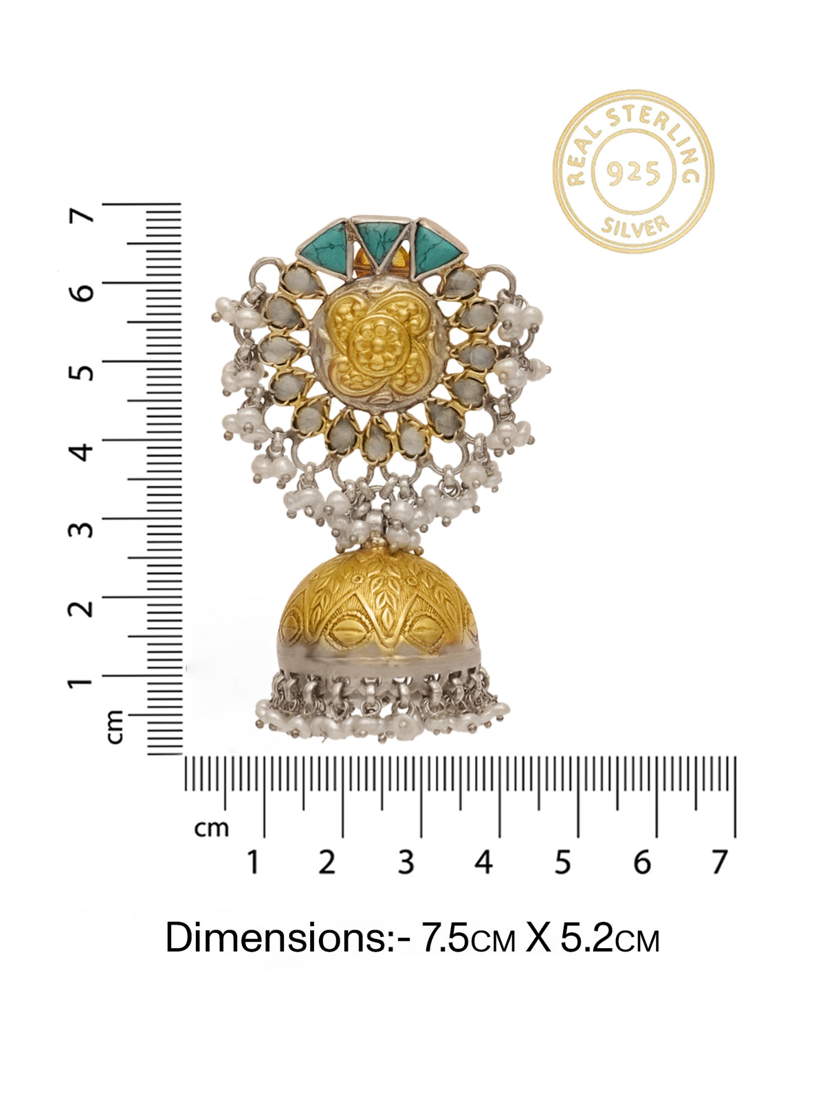 Rajwada 925 Silver Statement Two Tone Jhumkis with Turquoise and Pearl view 5