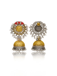 Rajwada 925 Silver Statement Two Tone Jhumkis with Orange Corals  and Pearl view 3
