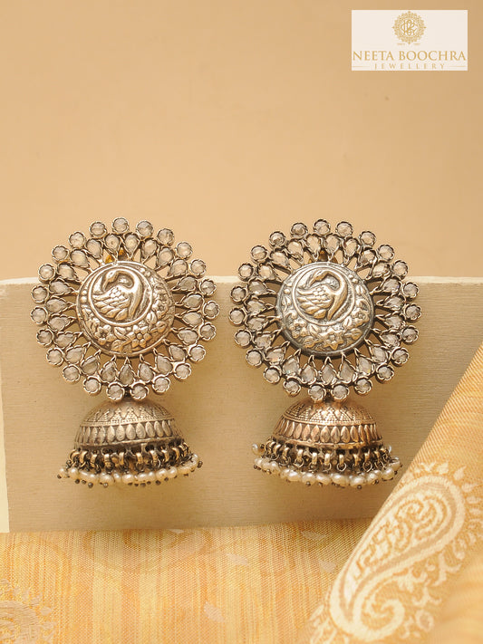 Rajwada 925 Silver Statement Peacock Motif Jhumkis with Crystal and Pearl
