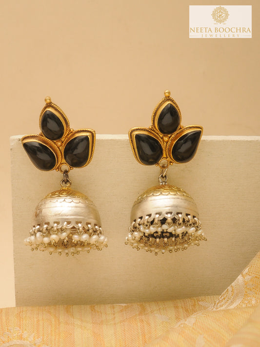 Rajwada Statement 925 Silver Two Tone Jhumki with Pearl and Black Onyx Gemstone