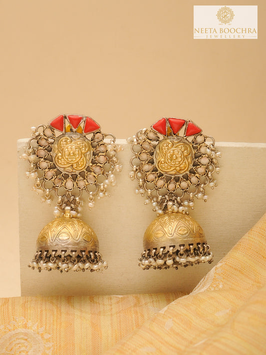 Rajwada 925 Silver Statement Two Tone Jhumkis with Red Coral and Pearl