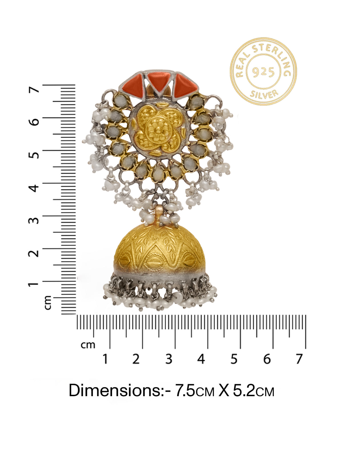 Rajwada 925 Silver Statement Two Tone Jhumkis with Red Coral and Pearl view 5