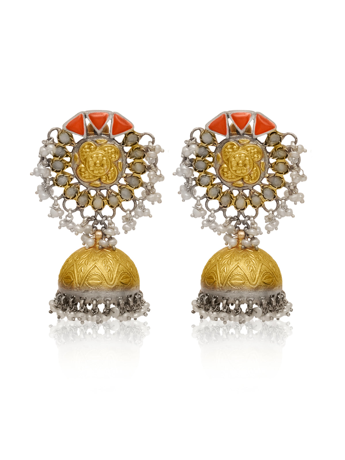 Rajwada 925 Silver Statement Two Tone Jhumkis with Red Coral and Pearl view 3