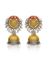 Rajwada 925 Silver Statement Two Tone Jhumkis with Red Coral and Pearl view 3