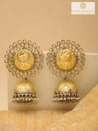 Rajwada 925 Silver Two Tone Statement Peacock Motif Jhumkis with Crystal and Pearl view 2