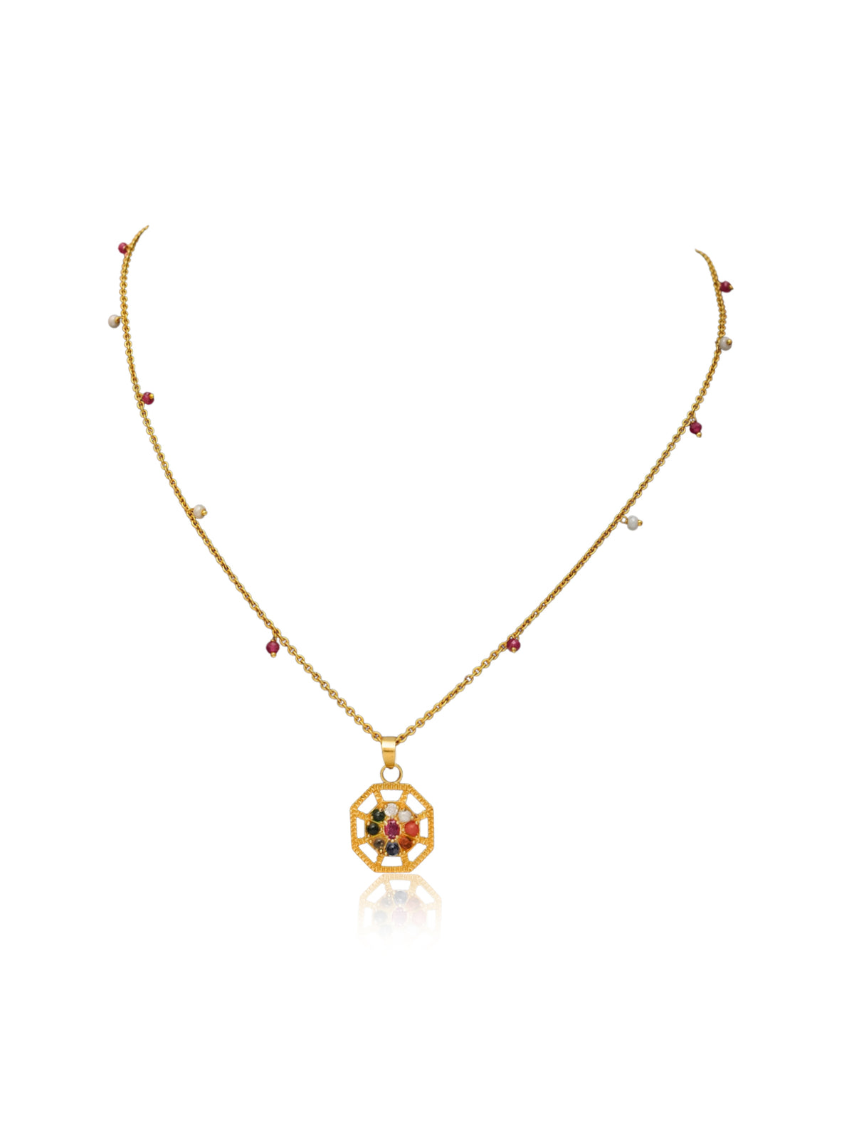 925 Silver Gold Plated Navratan Motif Pendant Necklace view 3