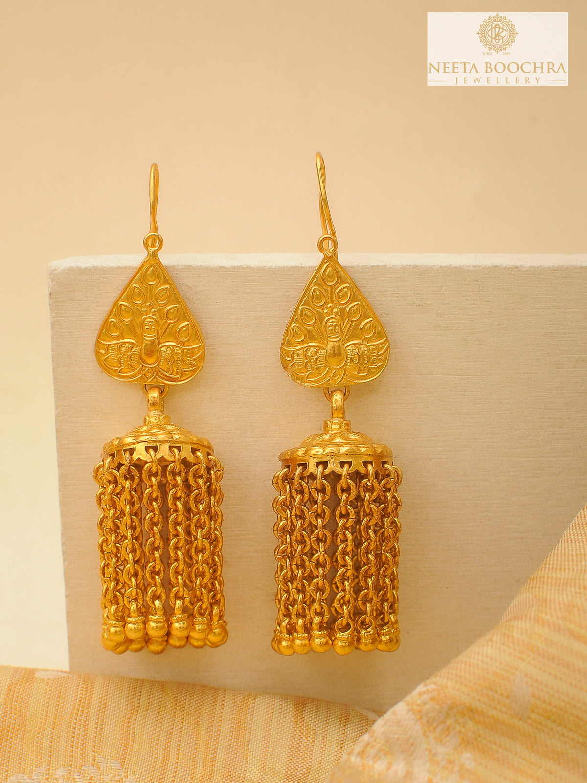 Rajwada Festive Gold Plated 925 Silver Peacock Motif Earrings with Long Ghungroos view 2