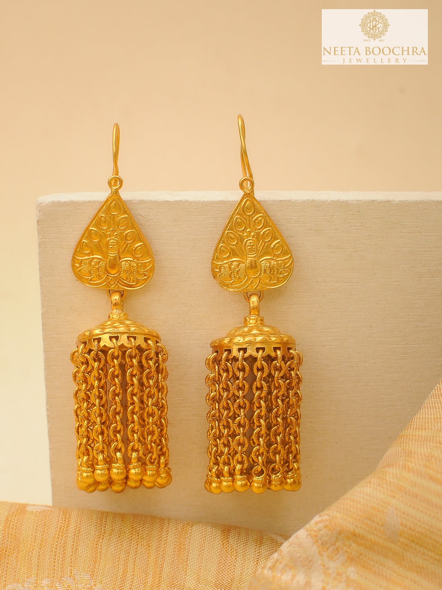 Rajwada Festive Gold Plated 925 Silver Peacock Motif Earrings with Long Ghungroos