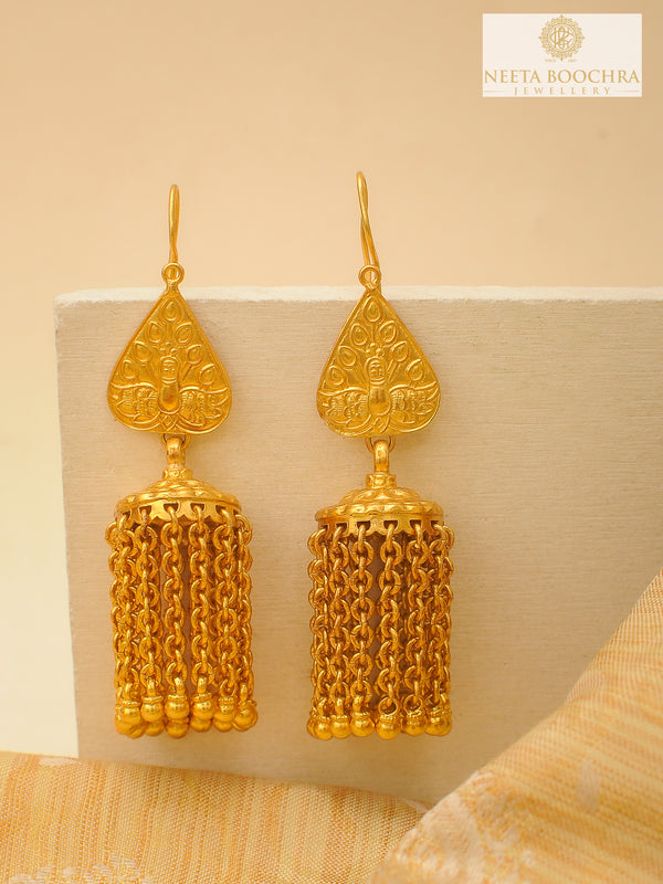 Rajwada Festive Gold Plated 925 Silver Peacock Motif Earrings with Long Ghungroos alternate view