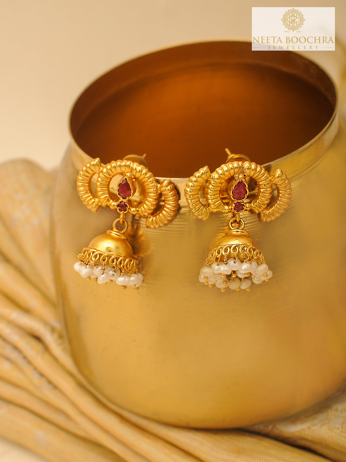 Rajwada Mini Gold Plated 925 Silver Jhumkis with Dyed Ruby and Pearl view 2